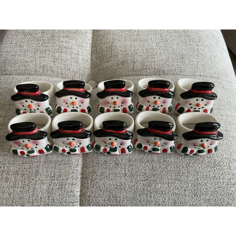 VTG Set 10 Ceramic Porcelain Snowman Napkin Rings Christmas